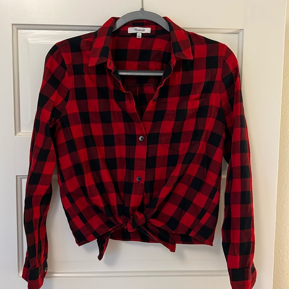 Madewell Black and Red Plaid Tie Front Crop Button-down